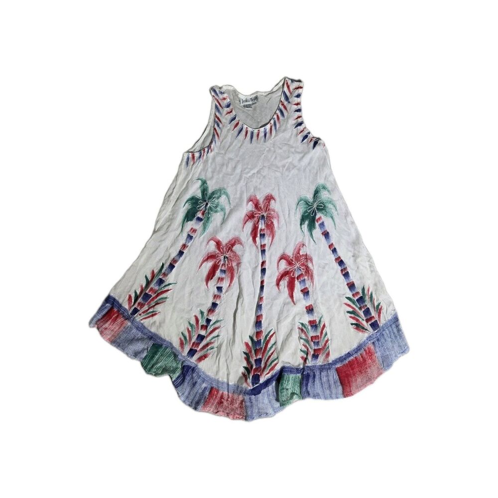 Jessica Taylor White Palm Tree Tropical Swing Dress Cover Up 100% Rayon OS EUC